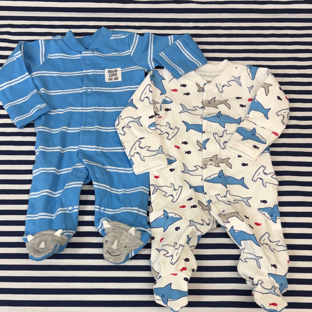 Blue Striped Footie & White Shark-Print Baby One-Pieces (2-Pack)
